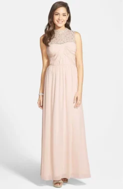 Adrianna Papell - Bejeweled Closed Neck Chiffon Gown 231M70230