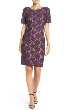 Adrianna Papell - Lace Bateau Sheath Dress AP1D100772 - 1 Pc Plum Wine In Size 8 Available