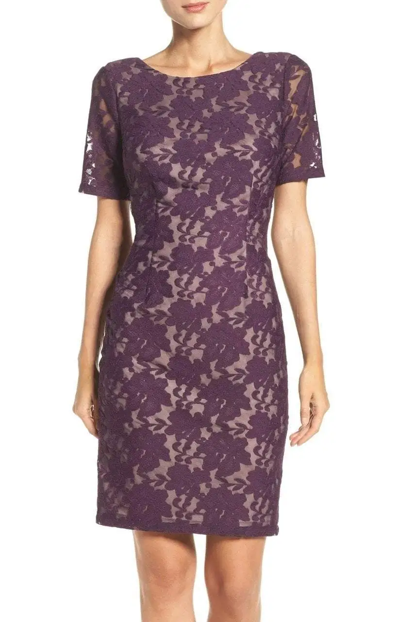 Adrianna Papell - Lace Bateau Sheath Dress AP1D100772 - 1 Pc Plum Wine In Size 8 Available 4 Adrianna Papell - Lace Bateau Sheath Dress AP1D100772 - 1 Pc Plum Wine In Size 8 Available - Image 4