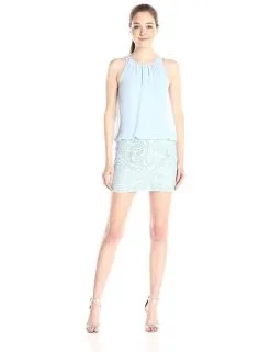 Aidan Mattox 151A12820 Lace Halter Neck Blouson Mini Dress - 1 Pc Light Blue In Size 6 Available