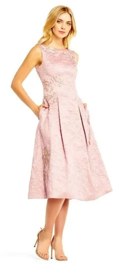Aidan Mattox Bateau Neck Floral Tea-Length Dress MD1E201386 - 1 Pc Blush In Size 2 Available