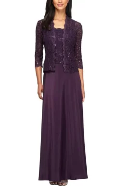 Alex Evenings - 2121198 Lace Quarter Sleeve Jacket Long Gown