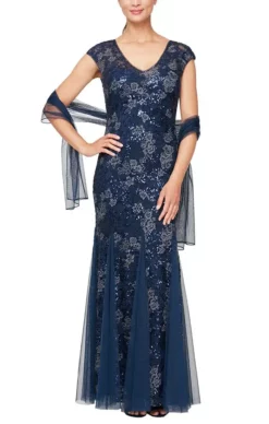 Alex Evenings - 8117897 V-Neck Floral Embroidered Gown With Shawl -Hot Sale WEDDING Store alex evenings 8117897 v neck floral embroidered gown with shawl mother of the bride dresess 4 navy 29768669364307