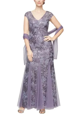 Alex Evenings - 8117897 V-Neck Floral Embroidered Gown With Shawl -Hot Sale WEDDING Store alex evenings 8117897 v neck floral embroidered gown with shawl mother of the bride dresses 4 icy orchid 31434978984019