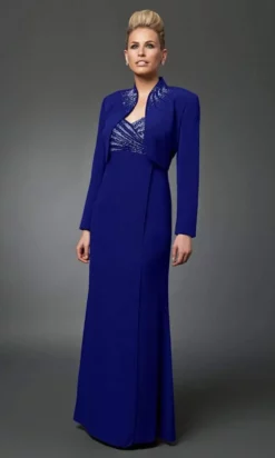 Alexander By Daymor - 3112 Beaded V-neck Dress With Long Sleeve Bolero