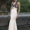Alexia Designs - 830 Satin Lace Halter V-neck Trumpet Dress
