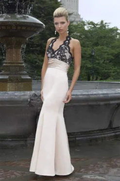 Alexia Designs - 830 Satin Lace Halter V-neck Trumpet Dress