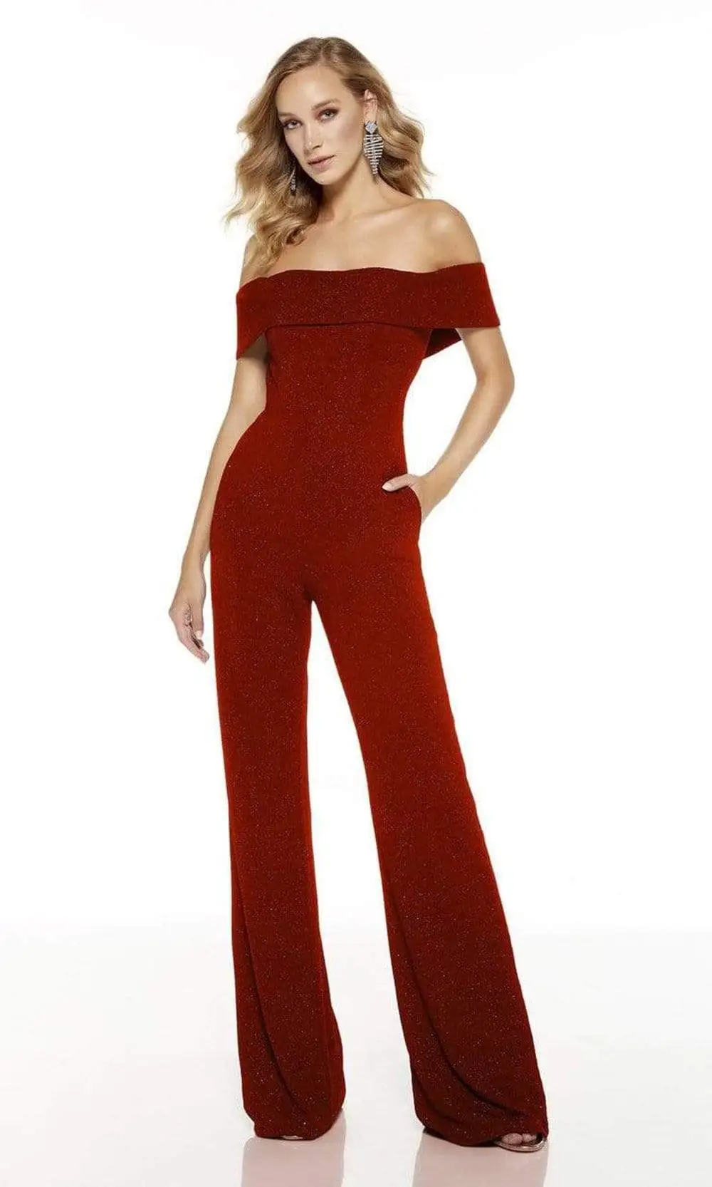 Alyce Paris - 60802 Glitter Jersey Off-Shoulder Jumpsuit 3 Alyce Paris - 60802 Glitter Jersey Off-Shoulder Jumpsuit - Image 3
