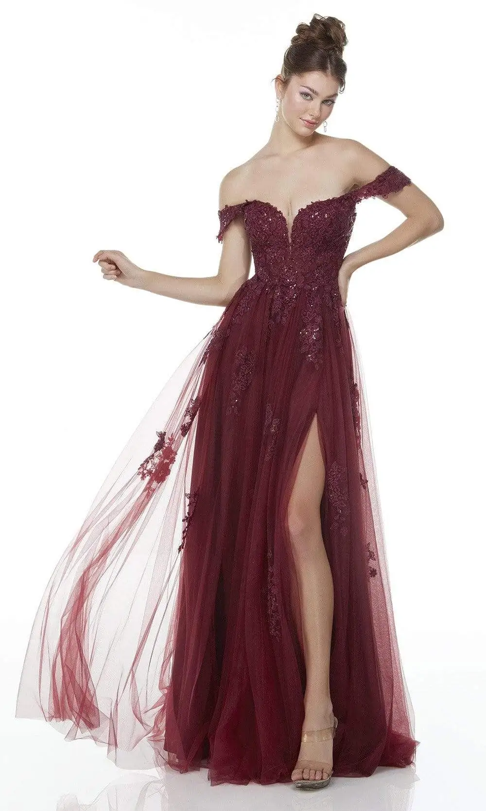 Alyce Paris - 61127 Lace Accented High Slit Gown 1 Alyce Paris - 61127 Lace Accented High Slit Gown