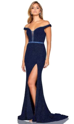 Amarra - 20153 Sheer Plunging Off-Shoulder Shimmer Jersey Gown