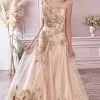 Andrea And Leo - A0081 Floral Metallic Embroidery A-Line Gown