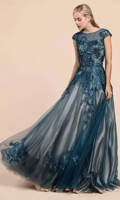 Andrea And Leo - A0081 Floral Metallic Embroidery A-Line Gown -Hot Sale WEDDING Store andrea and leo a0081 floral metallic embroidery a line gown mother of the bride dresses 2 teal 15815000948819