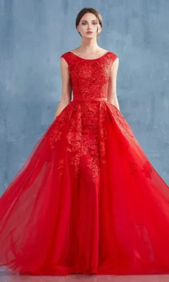Andrea And Leo - A0257 Lace Appliqued Sheath Gown With Tulle Overskirt -Hot Sale WEDDING Store andrea and leo a0257 lace appliqued sheath gown with tulle overskirt mother of the bride dresses 2 red 15869590798419