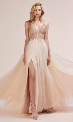 Andrea And Leo - A0391 Trickle Bead Sheer Bodice High Slit Tulle Gown -Hot Sale WEDDING Store andrea and leo a0391 trickle bead sheer bodice high slit tulle gown bridesmaid dresses 2 gold 15869950296147