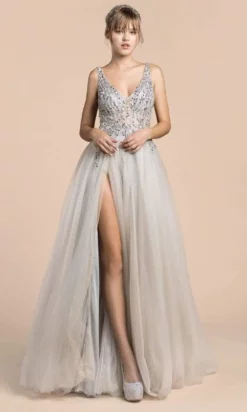 Andrea And Leo - A0391 Trickle Bead Sheer Bodice High Slit Tulle Gown -Hot Sale WEDDING Store andrea and leo a0391 trickle bead sheer bodice high slit tulle gown bridesmaid dresses 2 silver 15870628397139