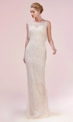 Andrea And Leo - A0521 Bead-Fringed Long Sheath Dress
