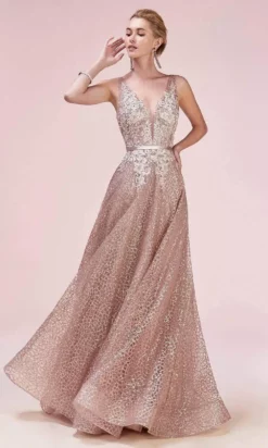 Andrea And Leo - A0568 Lace Applique Glitter Print Dress
