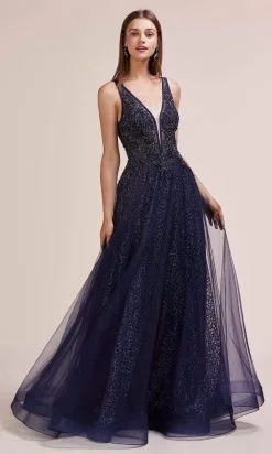 Andrea And Leo - A0680 Beaded Illusion Bodice Glitter A-Line Gown -Hot Sale WEDDING Store andrea and leo a0680 beaded illusion bodice glitter a line gown prom dresses 2 navy 15870012555347