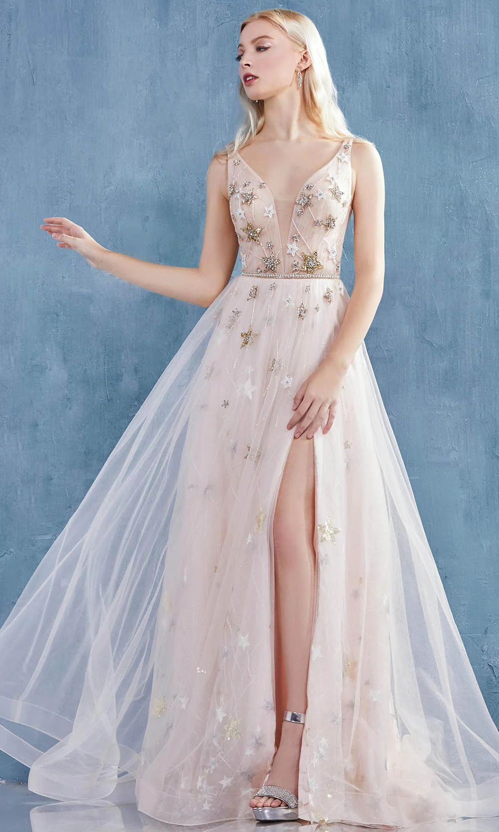 Andrea And Leo - A0827 Plunging V Neck A-Line Gown With Slit 5 Andrea And Leo - A0827 Plunging V Neck A-Line Gown With Slit - Image 5