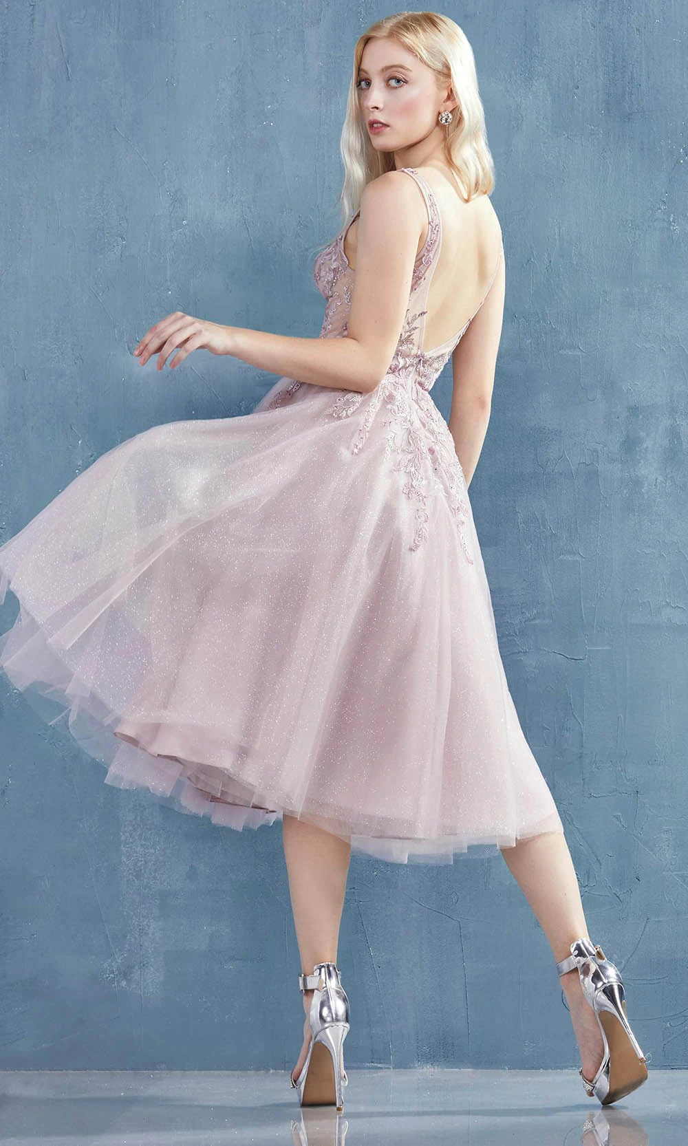 Andrea And Leo - A0861 Applique Plunging V Neck A-Line Dress 2 Andrea And Leo - A0861 Applique Plunging V Neck A-Line Dress - Image 2