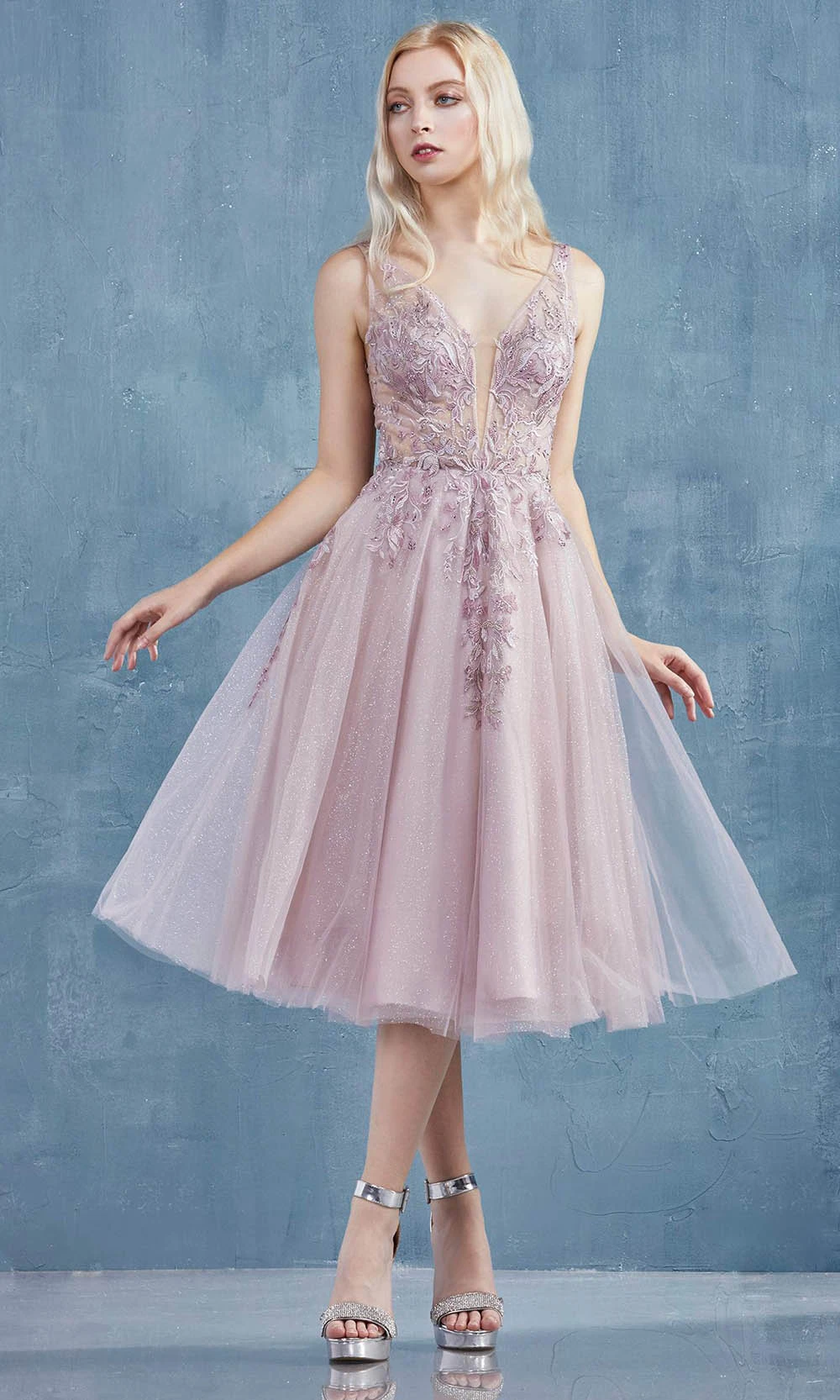 Andrea And Leo - A0861 Applique Plunging V Neck A-Line Dress 1 Andrea And Leo - A0861 Applique Plunging V Neck A-Line Dress