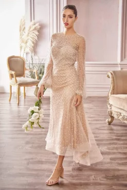 Andrea And Leo - A0997S Pearl Embellished Illusion Sleeve High Low Dress
