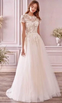 Andrea And Leo A1026S - Short Sleeved Laced Bridal Gown