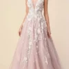 Andrea And Leo - A1028 Floral Applique Deep V Neck Ballgown