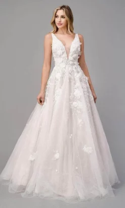 Andrea And Leo - V-Neck Floral Appliqued Bridal Dress A1028W - 1 Pc French White In Size 6 Available