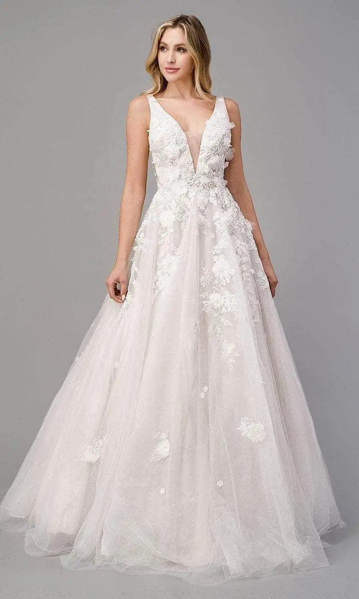 Andrea And Leo - V-Neck Floral Appliqued Bridal Dress A1028W - 1 Pc French White In Size 6 Available 1 Andrea And Leo - V-Neck Floral Appliqued Bridal Dress A1028W - 1 Pc French White In Size 6 Available