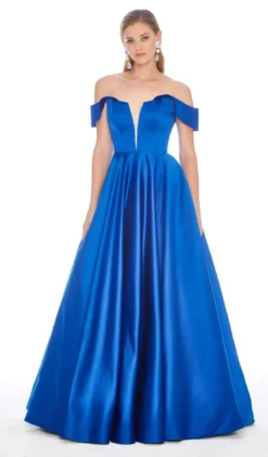 Ashley Lauren - 1399 Illusion Plunging Satin Off Shoulder Gown
