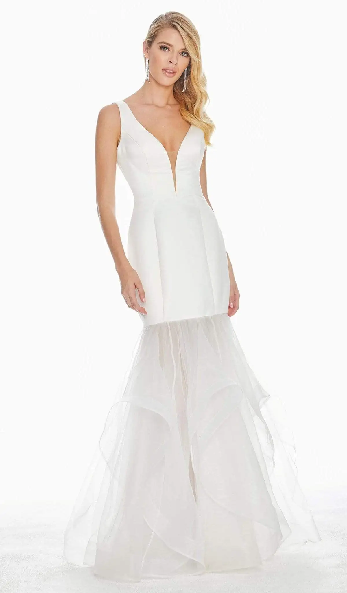 Ashley Lauren - 1403 Satin Organza Deep V-neck Ruffled Trumpet Dress 1 Ashley Lauren - 1403 Satin Organza Deep V-neck Ruffled Trumpet Dress