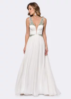 Ashley Lauren Bridal - 1169 Pearl Beaded Deep V-neck A-line Dress