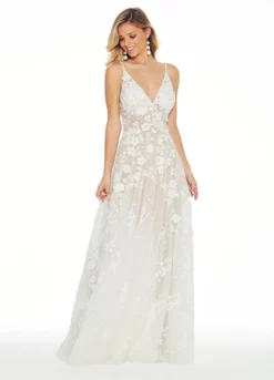 Ashley Lauren Bridal - 1311 Embroidered Plunging V-neck Organza A-line Dress