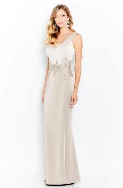 Cameron Blake - Deep V-Neck Satin Evening Dress 120611 - 1 Pc Champ/Latte In Size 10 Available
