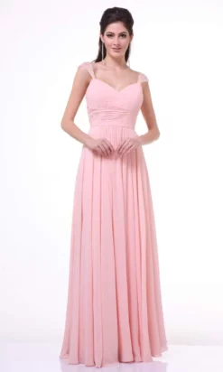 Cinderella Divine - 7461 Beaded Strap Pleated A-Line Chiffon Gown