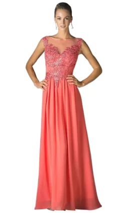 Cinderella Divine - Appliqued Illusion Bateau Chiffon Evening Gown