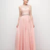 Cinderella Divine - B1601 Embellished Belt Lace A-Line Chiffon Dress