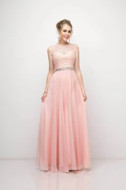 Cinderella Divine - B1601 Embellished Belt Lace A-Line Chiffon Dress