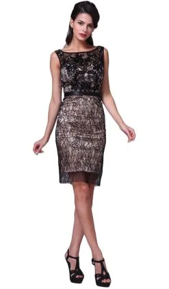 Cinderella Divine - Bateau Neck Embellished Lace Cocktail Dress