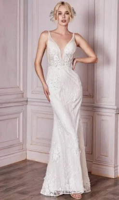 Cinderella Divine Bridal - CDS403W Floral Appliqued Deep V-neck Wedding Gown - 1 Pc Off-White In Size 8 Available