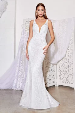 Cinderella Divine Bridal - EW115 Crisscross Strapped Back Beaded Mermaid Gown