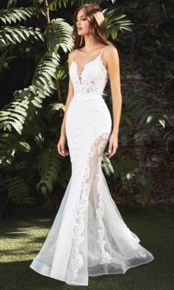Cinderella Divine Bridal - V-Neck Sheer Slit Bridal Gown CD937W - 1 Pc Off White In Size 4 Available