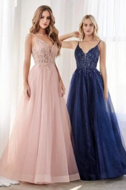 Cinderella Divine - CD0154 Plunging Beaded Appliqued Tulle Dress -Hot Sale WEDDING Store cinderella divine cd0154 plunging beaded appliqued tulle dress prom dresses xxs navy 13864388460627