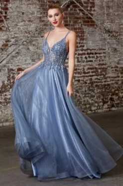 Cinderella Divine - CD0154 Plunging Beaded Appliqued Tulle Dress -Hot Sale WEDDING Store cinderella divine cd0154 plunging beaded appliqued tulle dress prom dresses xxs smoky blue 13864388493395