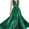 Cinderella Divine - CD160 Deep V Neck High Slit Metallic Pleated Gown