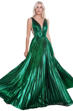 Cinderella Divine - CD160 Deep V Neck High Slit Metallic Pleated Gown
