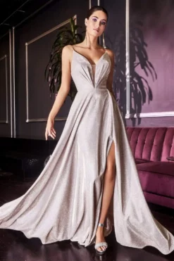Cinderella Divine - CD185 Plunging V-Neck A-Line Long Dress
