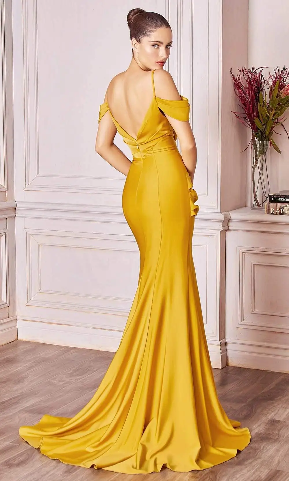Cinderella Divine - CD942 Cold Shoulders V-Neck Draped Evening Dress 4 Cinderella Divine - CD942 Cold Shoulders V-Neck Draped Evening Dress - Image 4