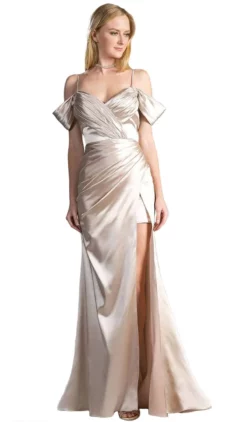 Cinderella Divine - CF297 Pleated Vneck Satin A-line Evening Dress With Slit